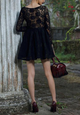 Black Plain Lace Hollow-out Pleated See-through Cute Homecoming Prom Skater Mini Dress