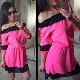 Casual New Women Pink Patchwork Lace Boat Neck Fashion Polyester Mini Dress