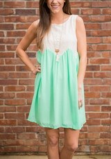 Casual Light Green Patchwork Lace Pleated Round Neck Sleeveless Mini Dress