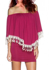 Casual New Women Rose Carmine Patchwork Lace Boat Neck Party Cotton Mini Dress