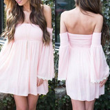 Casual Pink Patchwork Lace Hollow-out Pleated Boat Neck Mini Dress