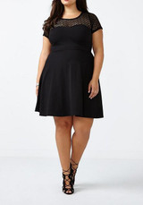 Casual Black Patchwork Draped Zipper Lace Round Neck Short Sleeve Mini Dress
