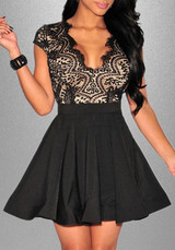 Black Lace Hollow-out Pleated Backless Deep V-neck Cute Homecoming Skater Mini Dress