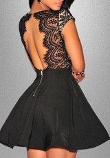 Black Lace Hollow-out Pleated Backless Deep V-neck Cute Homecoming Skater Mini Dress