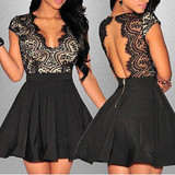 Black Lace Hollow-out Pleated Backless Deep V-neck Cute Homecoming Skater Mini Dress