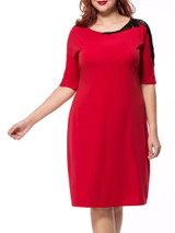 Casual Contrast Decorative Lace Round Neck Half Sleeve Plus Size Bodycon Dress
