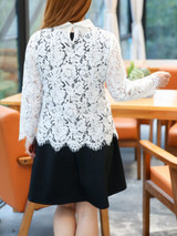 Casual Plus Size Doll Collar Lace Hollow Out Blouse And Skater Dress