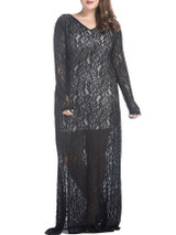 Lace Hollow Out Side Slit V-Neck Plus Size Evening Dress