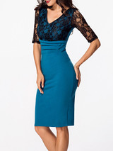 Casual V Neck Lace Patchwork Half Sleeve Bodycon Dress