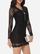 Casual V Neck Lace Hollow Out Lace Plain Bodycon-dress Casual V Neck Lace Hollow Out Lace Plain Bodycon-dress