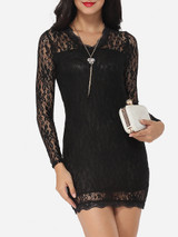 Casual V Neck Lace Hollow Out Lace Plain Bodycon-dress Casual V Neck Lace Hollow Out Lace Plain Bodycon-dress