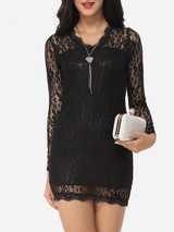 Casual V Neck Lace Hollow Out Lace Plain Bodycon-dress Casual V Neck Lace Hollow Out Lace Plain Bodycon-dress