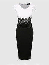 Casual Round Neck Decorative Lace Color Block Bodycon Dress