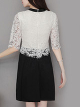 Casual Crew Neck Color Block Decorative Lace Half Sleeve Skater Dress