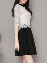 Casual Crew Neck Color Block Decorative Lace Half Sleeve Skater Dress