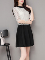 Casual Crew Neck Color Block Decorative Lace Half Sleeve Skater Dress