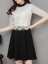 Casual Crew Neck Color Block Decorative Lace Half Sleeve Skater Dress