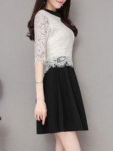 Casual Crew Neck Color Block Decorative Lace Half Sleeve Skater Dress