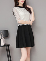 Casual Crew Neck Color Block Decorative Lace Half Sleeve Skater Dress