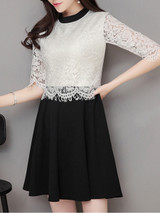 Casual Crew Neck Color Block Decorative Lace Half Sleeve Skater Dress