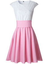 Casual Decorative Lace Color Block Round Neck Bowknot Skater Dress