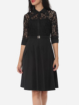 Casual Lace Patchwork Plain Alluring Lapel Skater-dress