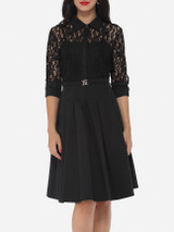 Casual Lace Patchwork Plain Alluring Lapel Skater-dress
