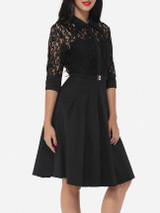 Casual Lace Patchwork Plain Alluring Lapel Skater-dress