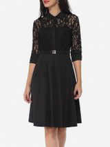 Casual Lace Patchwork Plain Alluring Lapel Skater-dress