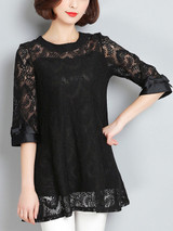 Casual Round Neck Decorative Lace Lace Blend Shift Dress
