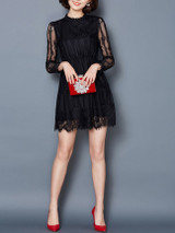 Casual Hollow Out Solid Lace Skater Dress