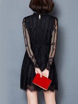 Casual Hollow Out Solid Lace Skater Dress