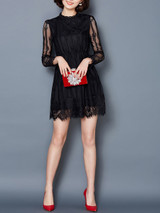 Casual Hollow Out Solid Lace Skater Dress
