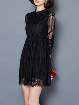 Casual Hollow Out Solid Lace Skater Dress