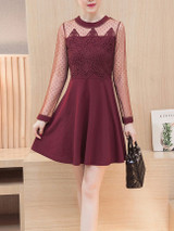 Casual Decorative Lace Patchwork Hollow Out Solid Skater Dress