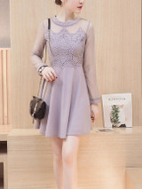 Casual Decorative Lace Patchwork Hollow Out Solid Skater Dress