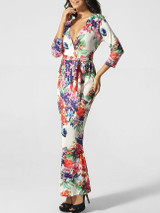 Casual Surplice Lace-up Floral Printed Maxi-dress