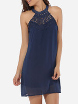 Casual Loose Fitting Halter Chiffon Hollow Out Lace Patchwork Plain Shift-dress