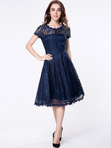 Casual Decorative Buttons Hollow Out Sexy Lace Skater Dress