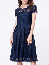 Casual Decorative Buttons Hollow Out Sexy Lace Skater Dress