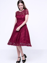Casual Decorative Buttons Hollow Out Sexy Lace Skater Dress
