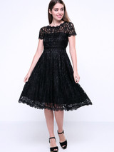 Casual Decorative Buttons Hollow Out Sexy Lace Skater Dress