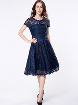 Casual Decorative Buttons Hollow Out Sexy Lace Skater Dress