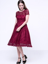 Casual Decorative Buttons Hollow Out Sexy Lace Skater Dress
