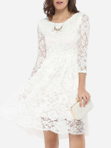 Casual Round Neck Lace Hollow Out Skater Dress