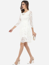 Casual Round Neck Lace Hollow Out Skater Dress