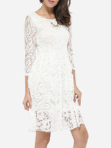 Casual Round Neck Lace Hollow Out Skater Dress