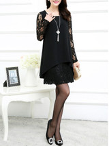 Casual Round Neck Hollow Out Solid Chiffon Lace Shift Dress