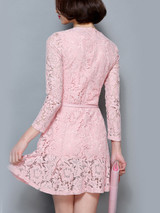 Casual Solid Round Neck Belt Hollow Out Lace Skater Dress