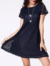 Casual Round Neck Plain Hollow Out Lace Shift Dress